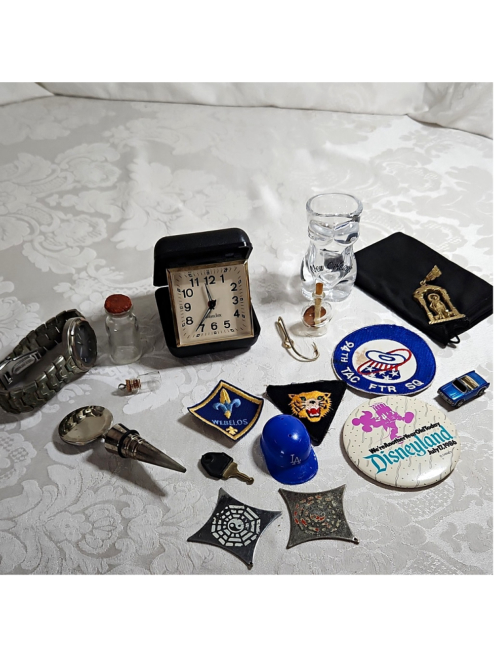 Mixed Collectibles Junk Drawer Lot Westclox Alarm Clock Watch Patches Disney Pin